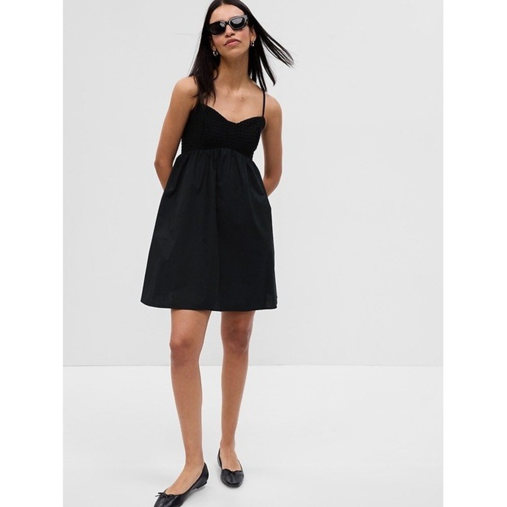 GAP Black Cotton Eyelet Empire Waist Mini Dress XXL Tall Sleeveless with Pockets